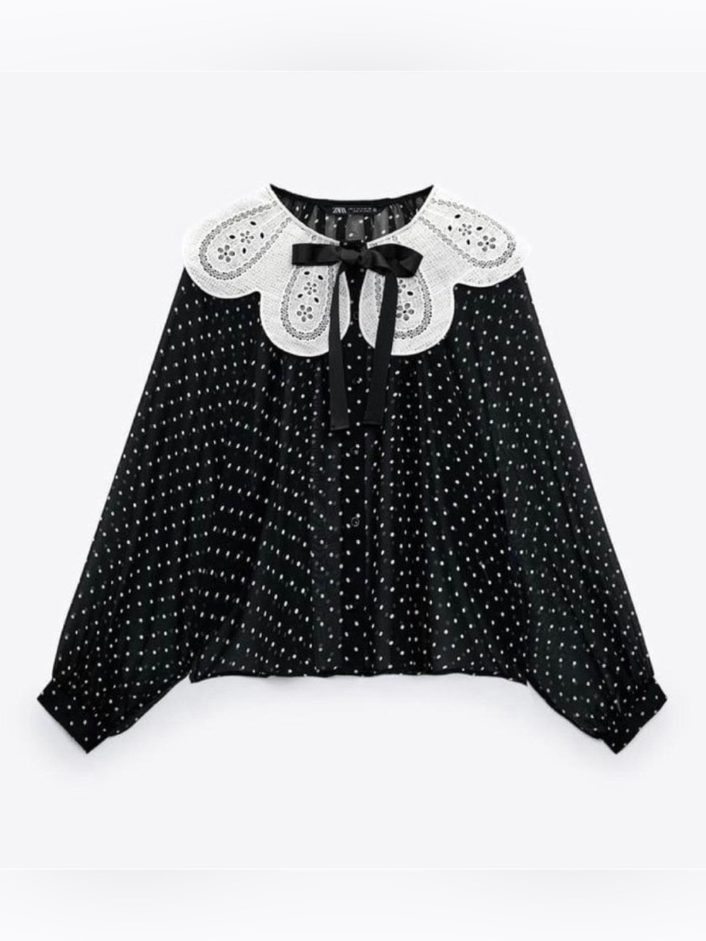 ZARA | Polka Dot Blouse with White Lace Collar & Self Tie Ribbon